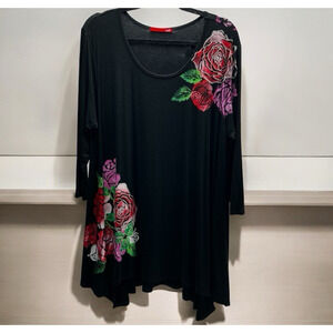 RAFFI Black Hand Painted Roses Art 3/4 Sleeve Tunic Top Women's Size Large